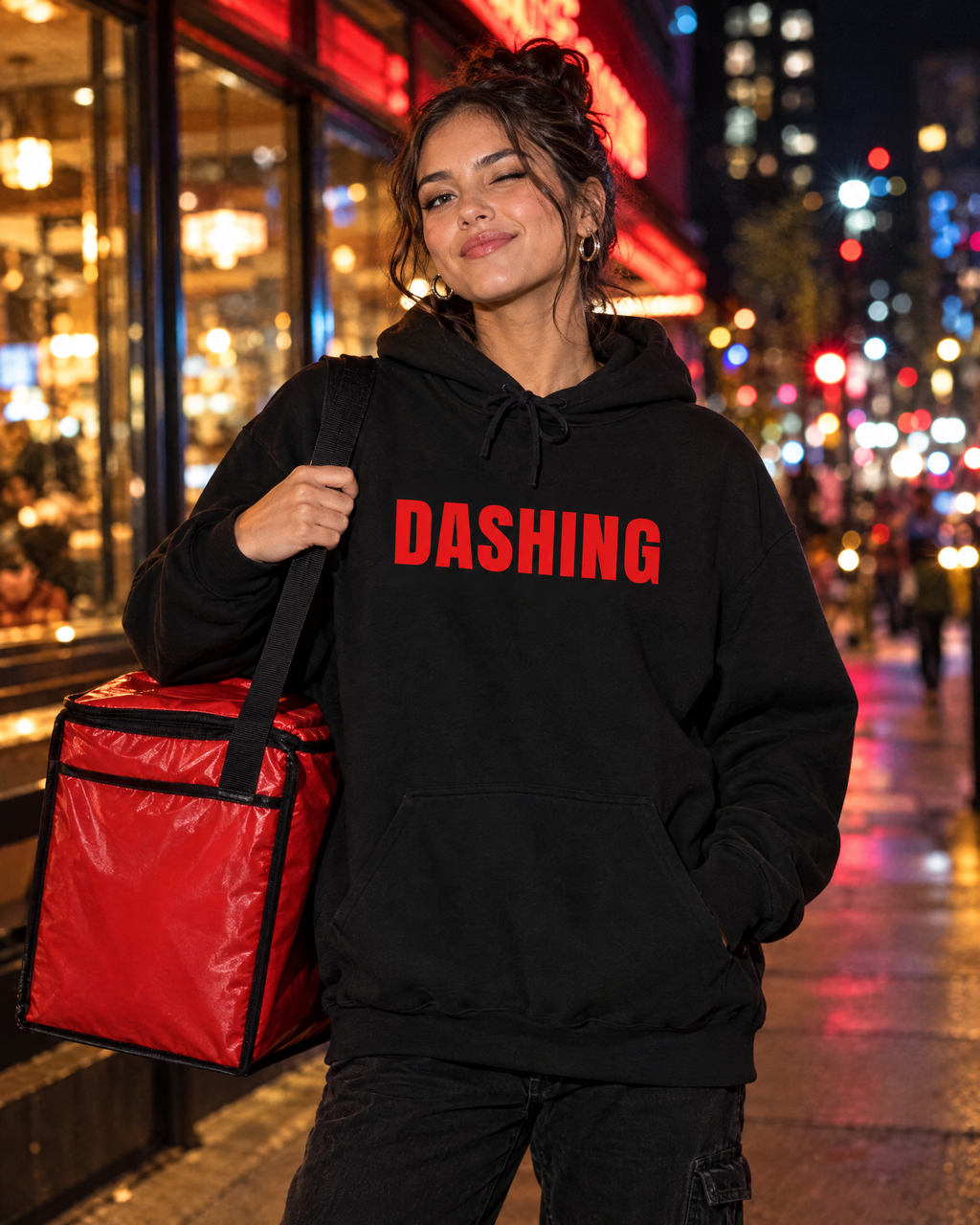 Food delivery courier wearing the Dashing black hoodie with red letters holding an insulated bag at night