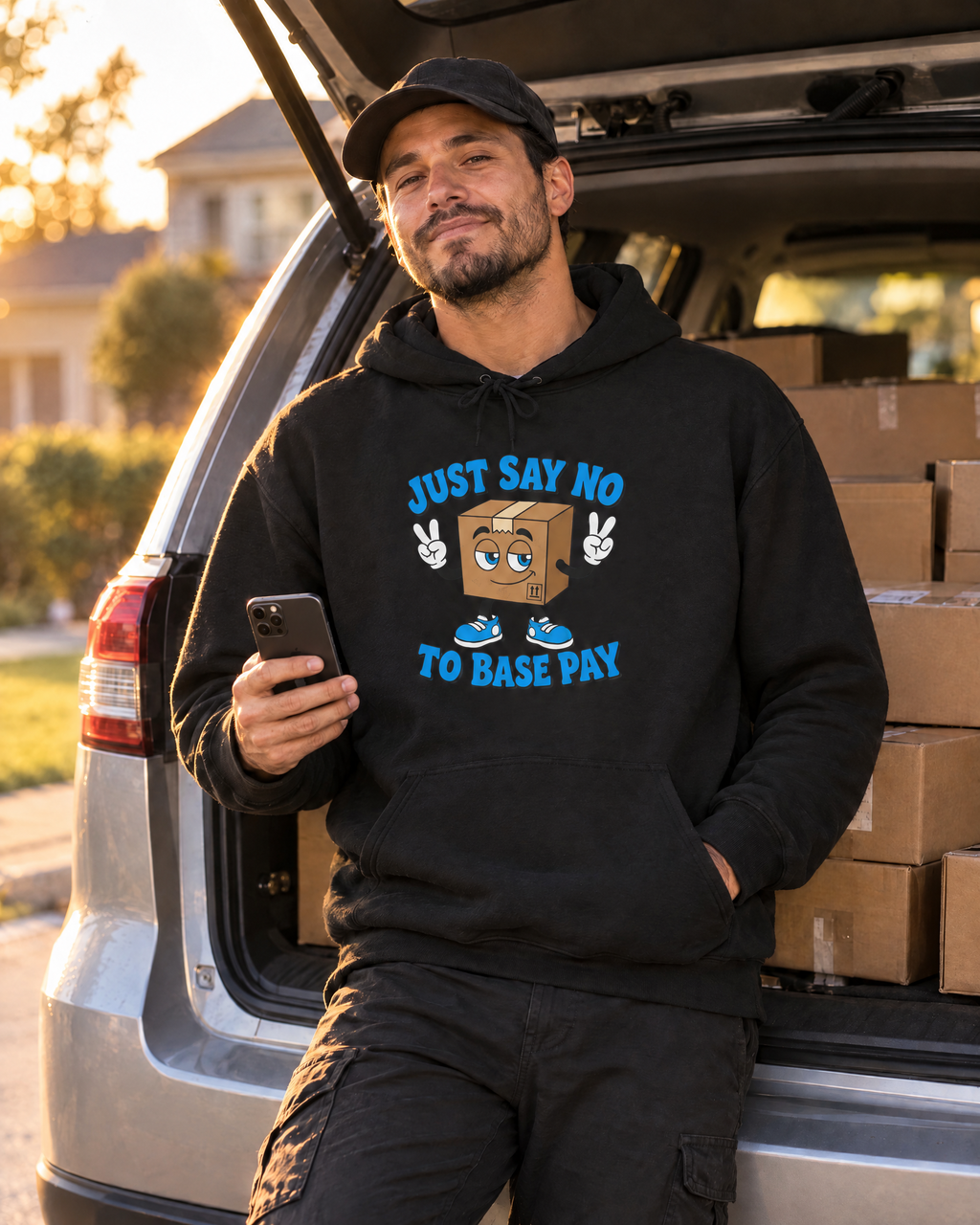 Delivery driver wearing the Just Say No to Base Pay black hoodie next to an SUV full of packages