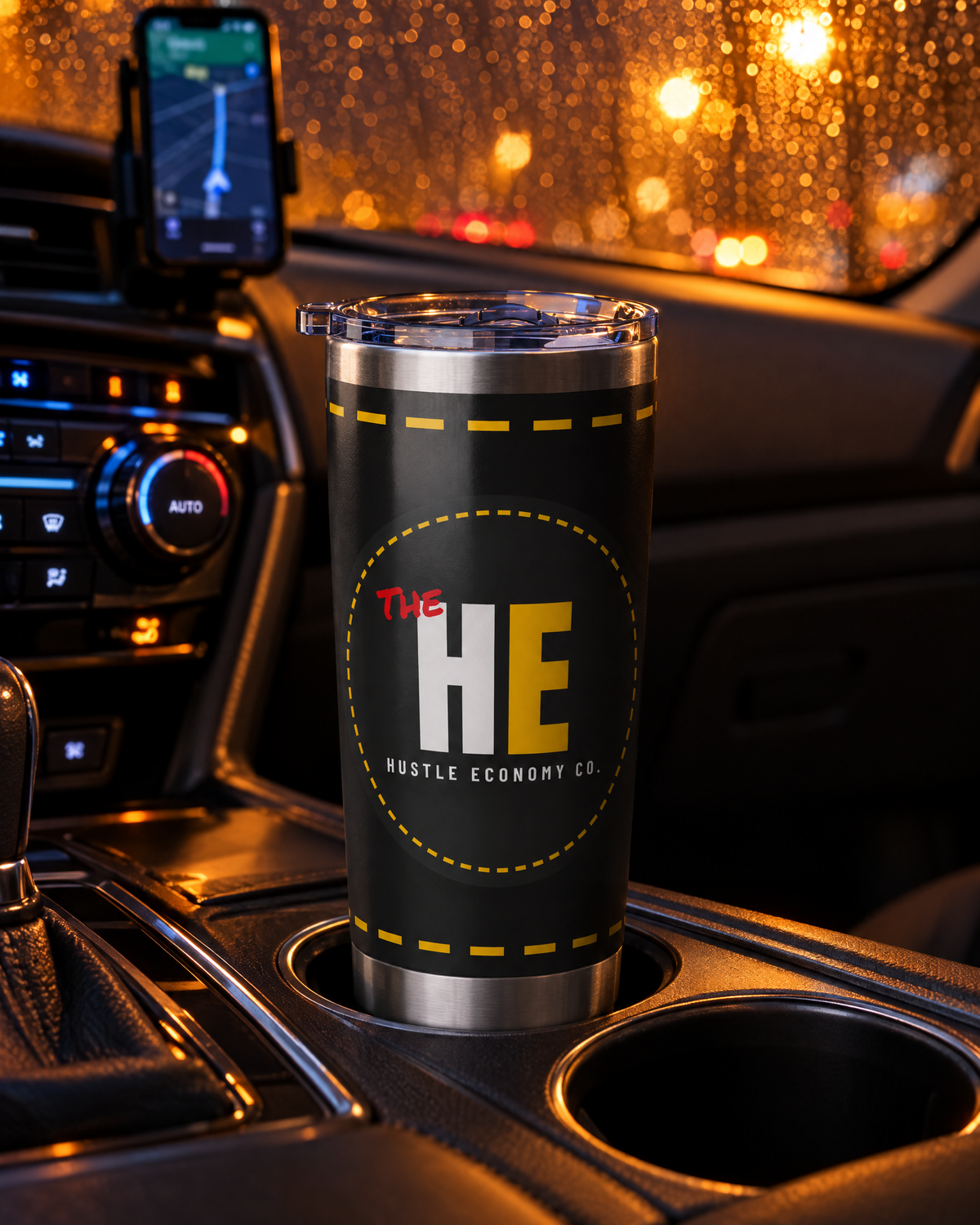 The Hustle Economy Co. logo tumbler in a car cupholder at night