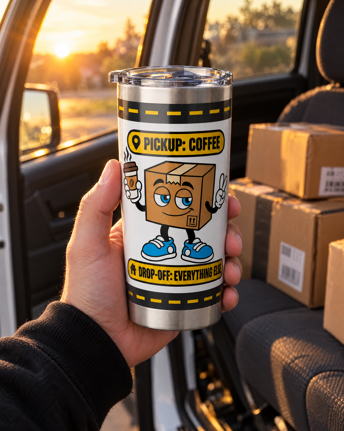 Pickup: Coffee tumbler held by a delivery driver next to a car full of packages at sunrise